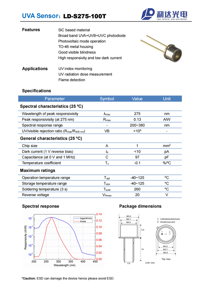 SiC系列紫外探测器 LD-S275-100T