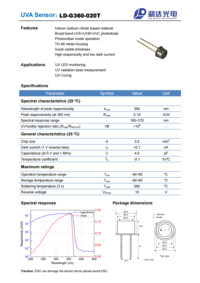 GaN系列紫外探测器 LD-G360-020T